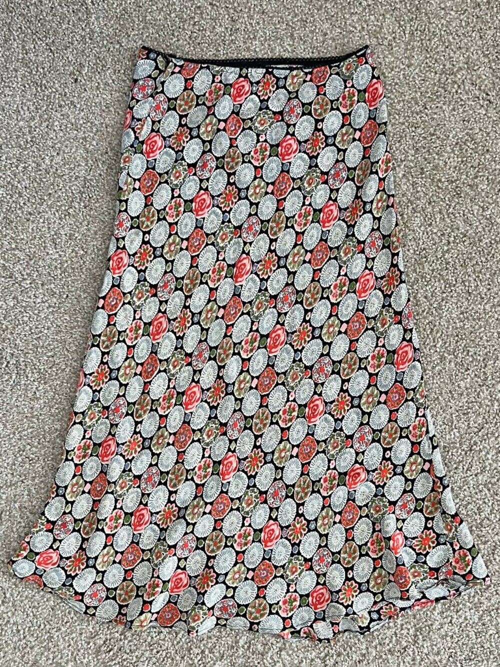 Y2K Boho Patterned Midi Slip Stirk Elastic Waist Lace Trim Floral Size S/M